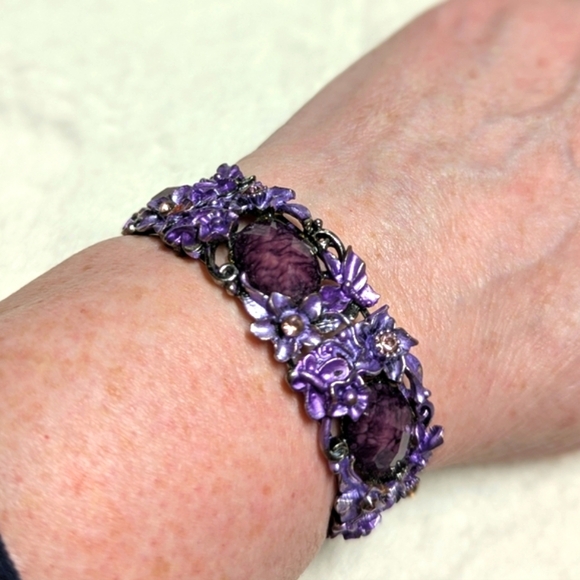 Vintage Purple Enamel Floral Bracelet w/ Pink Rhinestone Accents Wrap Bracelet - Picture 3 of 9